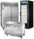 Commercial kitchen refrigerators, including a double-door fridge and a glass-door cooler.