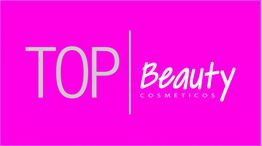 Logotipo em fundo rosa com texto "TOP Beauty Cosméticos" em branco e cinza.