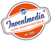 Logo von Inventmedia: Visual Design Studio Berlin, gegründet 2003, in Blau, Weiß und Orange.