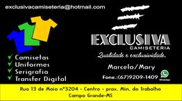 Camisetas e uniformes. Contato: Marcelo/Mary, Campo Grande-MS. exclusiva.camisetaria@hotmail.com