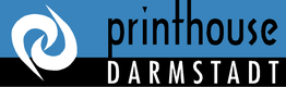 Logo von Printhouse Darmstadt mit blauem Hintergrund und stilisiertem weißen Symbol.