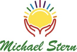 Logo mit Händen, die eine gelbe Sonne halten, bunte Strahlen; Text: "Michael Stern".