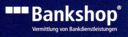 Logo mit Schrift "Bankshop" und Slogan "Vermittlung von Bankdienstleistungen" auf blauem Hintergrund.