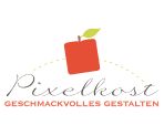 Logo mit rotem Quadrat, stilisiertem Blatt, Text: "Pixelhost, Geschmackvolles Gestalten".