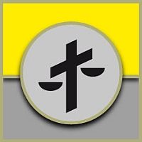 Graues Symbol: Kreuz und Waage, gelber und grauer Hintergrund.