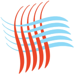 Abstraktes Design mit roten und blauen geschwungenen Linien auf weißem Hintergrund.