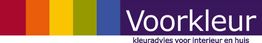 Logo van "Voorkleur" met regenboogkleuren en tekst: "kleurenadvies voor interieur en huis".