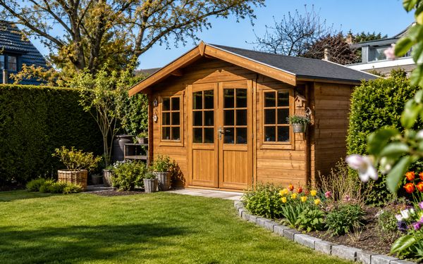 Modernes Holz-Gartenhaus im Garten eines Einfamilienhauses mit gepflegter Rasenfläche und Gartenbepflanzung.
