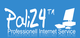 Logo von Poli24: Text "Professionell Internet Service" und ein stilisierter Computer auf blauem Hintergrund.
