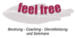 Logo mit Text "feel free" und Beschreibung: Beratung, Coaching, Dienstleistung und Seminare.