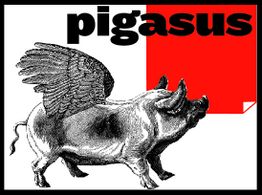 Schwarz-weißer geflügelter Schwein mit Flügeln, darüber der Schriftzug "pigasus" auf rotem Hintergrund.