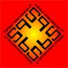Rotes und gelbes Symbol, das stilisierte, sich drehende Hakenkreuze in einem Quadrat zeigt.