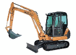 Gelber Bagger auf weißem Hintergrund, ausgestreckter Arm mit Schaufel.
