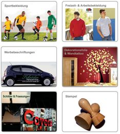 Collage mit Sportbekleidung, Freizeitmode, Autowerbung, Wandtattoo, Schildern und Stempeln.