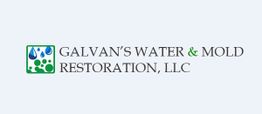 Logo of Galvan's Water & Mold Restoration, LLC with water droplets and mold design.