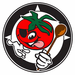 Tomate mit Augenklappe und Löffel in der Hand, lächelt schelmisch. Hintergrund schwarz-weiß.