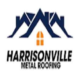Logo of Harrisonville Metal Roofing with blue roof and orange window graphic.