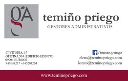 Tarjeta de visita de Temiño Priego, gestores administrativos, con contacto y dirección en Burgos.