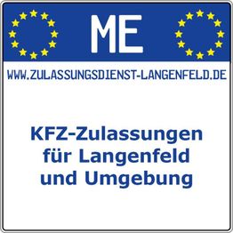 KFZ-Zulassungen für Langenfeld; URL: zulassungsdienst-langenfeld.de; EU-Sterne oben.