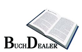 Offenes Buch mit dem Titel "BuchDealer" in stilisierter Schrift.