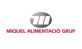 Logo de Miquel Alimentació Grup, con texto rojo y un símbolo gris circular encima.