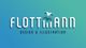 Logo mit Text "Flottmann Design & Illustration" auf blau-grünem Hintergrund, Möwe darüber.