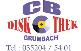 Logo der CB Diskothek Grumbach mit Schallplatte und Kontaktnummer: 035204 / 54 01.