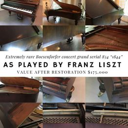 Collage of a Bosendorfer grand piano, famously played by Franz Liszt, valued at $175,000.