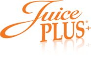 Logo mit Schriftzug "Juice Plus+" in orange, reflektiert darunter.