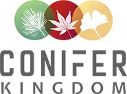 Conifer Kingdom logo with tree silhouettes in colored circles above the text.