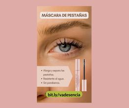 Ojo maquillado con máscara de pestañas. Texto: alargamiento, resistente al agua, sin parabenos.