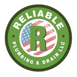 Green logo with "Reliable Plumbing & Drain LLC" encircling a letter "R" over a U.S. flag background.