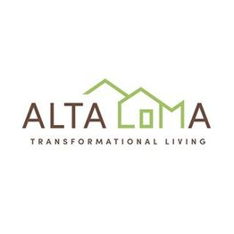 "Alta Loma logo with green house outline and text 'Transformational Living' below."