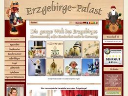 Webseite des Erzgebirge-Palasts mit Holzfiguren und Weihnachtsschmuck aus dem Erzgebirge.