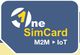 Logo with text "One SimCard M2M IoT" on a blue and yellow background.