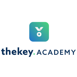 Logo der thekey.ACADEMY mit grün-blauem Symbol, darunter der Name in Blau und Grau.