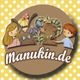 Kinder mit Tierfiguren und Blumen, mittig Schriftzug "Manukin.de" auf gepunktetem Hintergrund.