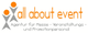Logo mit Text: "all about event - Agentur für Messe-, Veranstaltungs- und Promotionpersonal".
