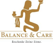 Braune Silhouette einer knienden Figur mit Krug und Schale, Text: "Balance & Care".