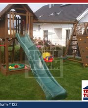 Spielturm mit Schaukel, Rutsche, Sandkasten und Kletterwand aus Holz