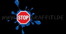 Stoppschild im blauen Farbspritzer mit dem Text "STOP", "www...graffiti.de" im Hintergrund.