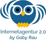 Eulenlogo über Text "Internetagentur 2.0 by Gaby Rau" in Blau und Gelb auf weißem Hintergrund.