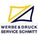 Logo von Werbe & Druck Service Schmitt mit gelbem und blauem stilisiertem Quadrat.