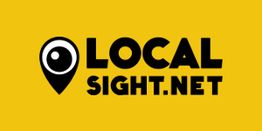 Yellow background, black text logo reads "LOCAL SIGHT.NET" with a location pin eye icon.