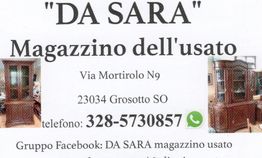 Volantino del negozio "DA SARA", Magazzino dell'usato, con contatti e indirizzo.
