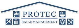 Logo von Protec Bau & Management mit Symbolen für Sanitär, Sonne, Badewanne, Werkzeuge und Heizung.