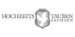 Logo: Schriftzug "Hochzeits Tauben Sachsen" mit einem Wappen und einer Taube in der Mitte.