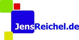 Buntes Logo mit Text "JensReichel.de" auf blauem Hintergrund, mit roten und grünen Quadraten.