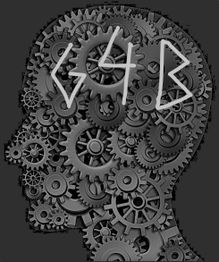 Silhouette of a head made of gears with "G4B" written on it.