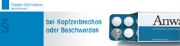 Tablettenpackung mit Aufschrift "Anwalt" und Text: "bei Kopfzerbrechen oder Beschwerden".
